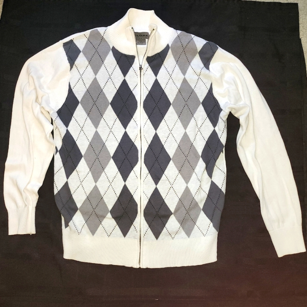 Park Slope Mens full Zip Sweater white and grey Argyle Ribbed Trim